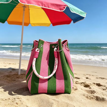 🏆👜🌴 Sac seau bohème rayé en maille pour femme – Sac bandoulière d’été fait main pour la plage
