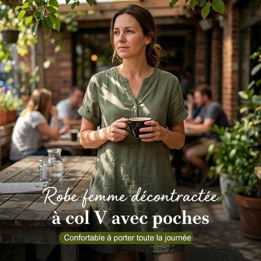 👗 50 % DE RÉDUCTION POUR UNE DURÉE LIMITÉE ! 🏖️ Robe-tunique à col en V pour femme – Coupe ample, poches et tissu respirant