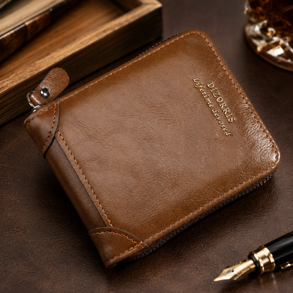 Portefeuille court triptyque zippé style vintage pour homme. Fermeture zippée sécurisée, rangement multi-sections pour cartes, billets et pièces. Idéal comme cadeau.