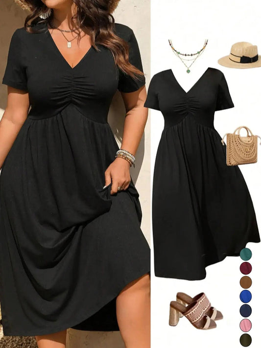 👗 50% DE RÉDUCTION ! ✨Robe midi grande taille à col V avec volants et manches courtes