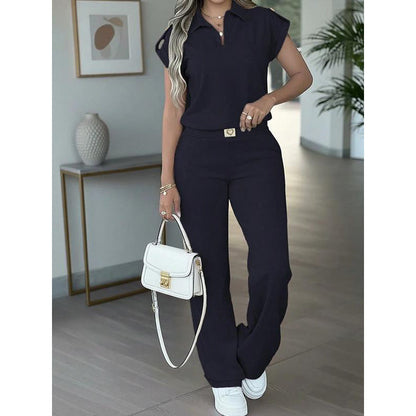 👗 50 % DE RÉDUCTION ! 💐 Ensemble 2 pièces pour femme (haut et pantalon) de style décontracté – Chic, coupe large, détails dorés ✨