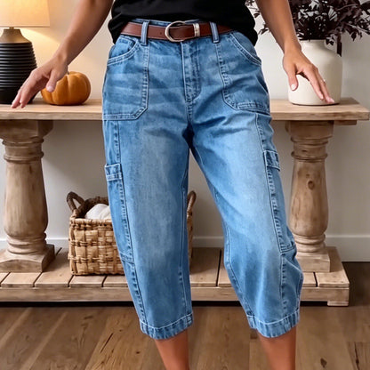 👖 PROMO FLASH 50% ! 📢Pantalon Jean Court Extensible Femme – Coupe Barrel Décontractée, Taille Mi-Haute, Poches Multiples, 2 Coloris, Tailles S-3XL, Idéal Quotidien ✨